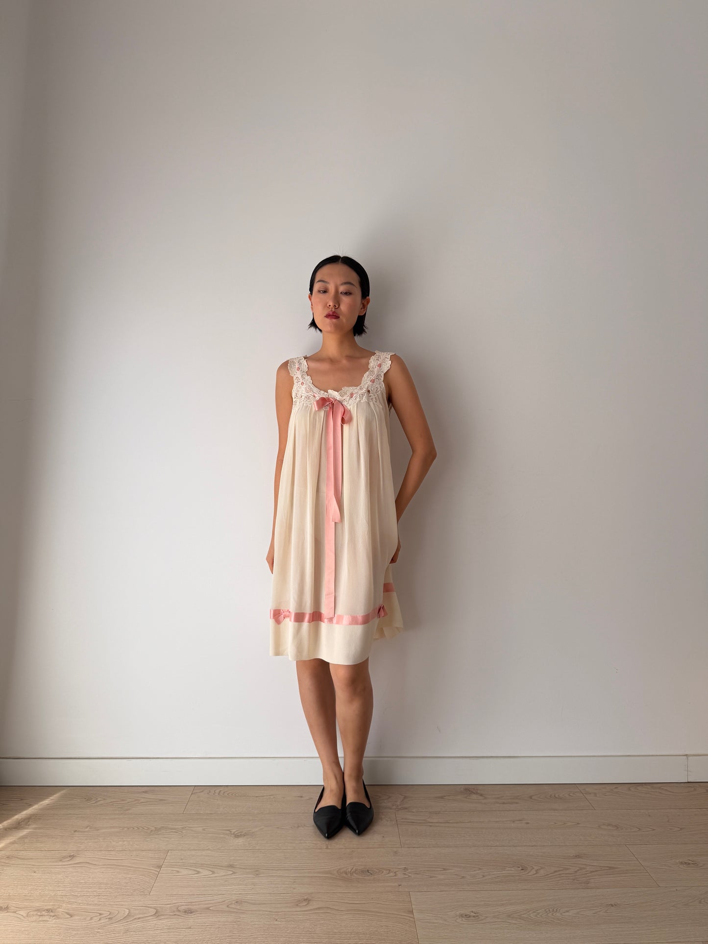 Vintage Romantic Silk Slip Dress With Bow Pink Ribbon | French Applique Lace, Bridal Lingerie