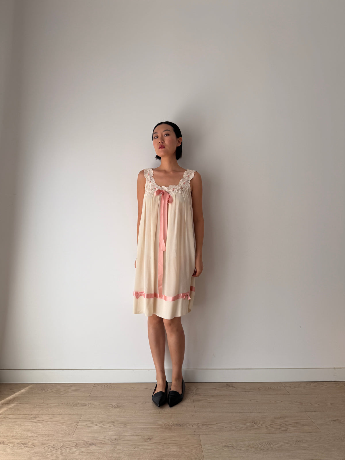 Vintage Romantic Silk Slip Dress With Bow Pink Ribbon | French Applique Lace, Bridal Lingerie