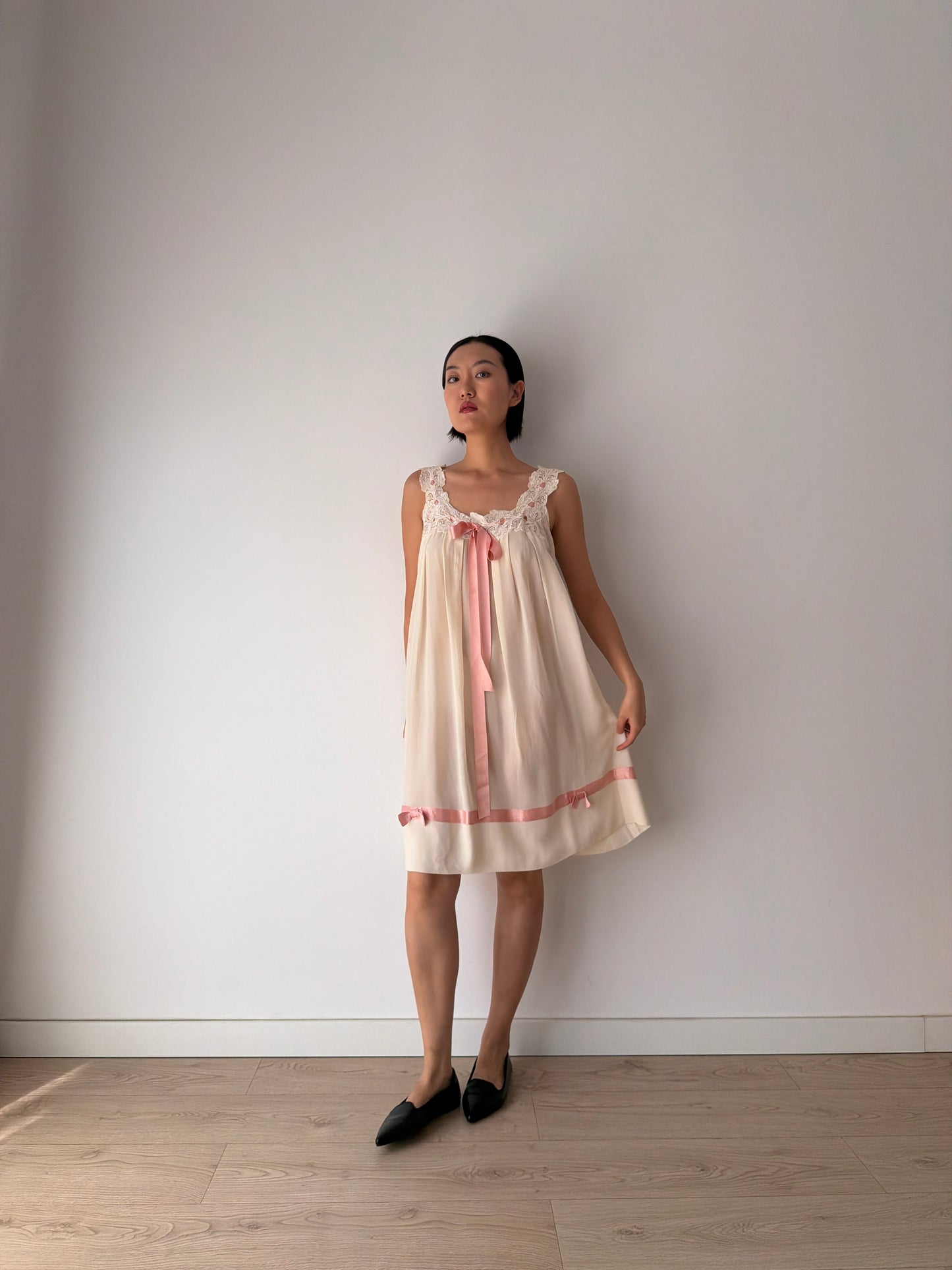 Vintage Romantic Silk Slip Dress With Bow Pink Ribbon | French Applique Lace, Bridal Lingerie