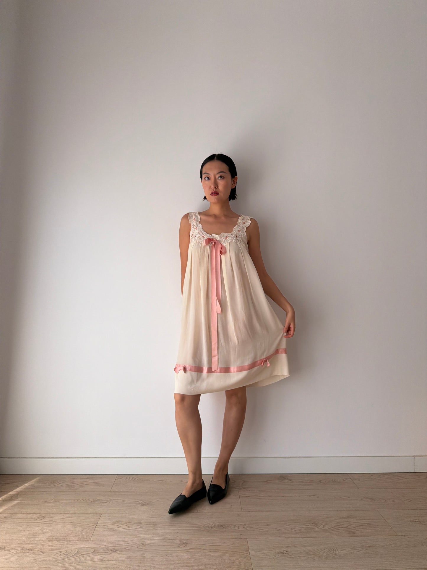 Vintage Romantic Silk Slip Dress With Bow Pink Ribbon | French Applique Lace, Bridal Lingerie