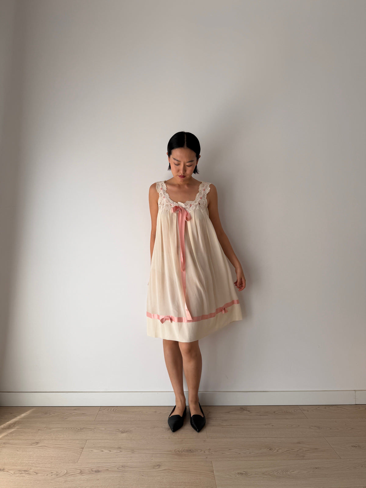 Vintage Romantic Silk Slip Dress With Bow Pink Ribbon | French Applique Lace, Bridal Lingerie