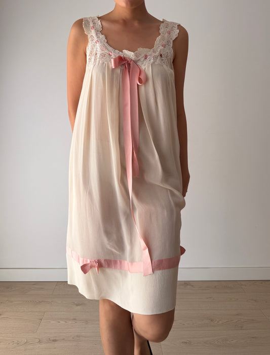 Vintage Romantic Silk Slip Dress With Bow Pink Ribbon | French Applique Lace, Bridal Lingerie