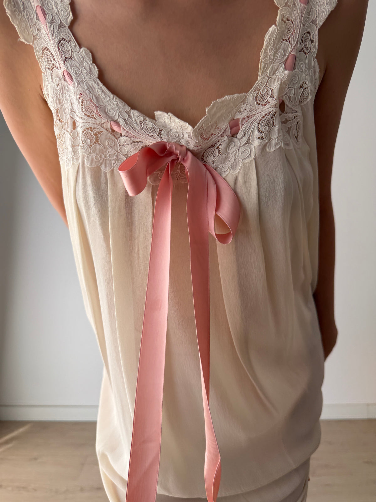 Vintage Romantic Silk Slip Dress With Bow Pink Ribbon | French Applique Lace, Bridal Lingerie