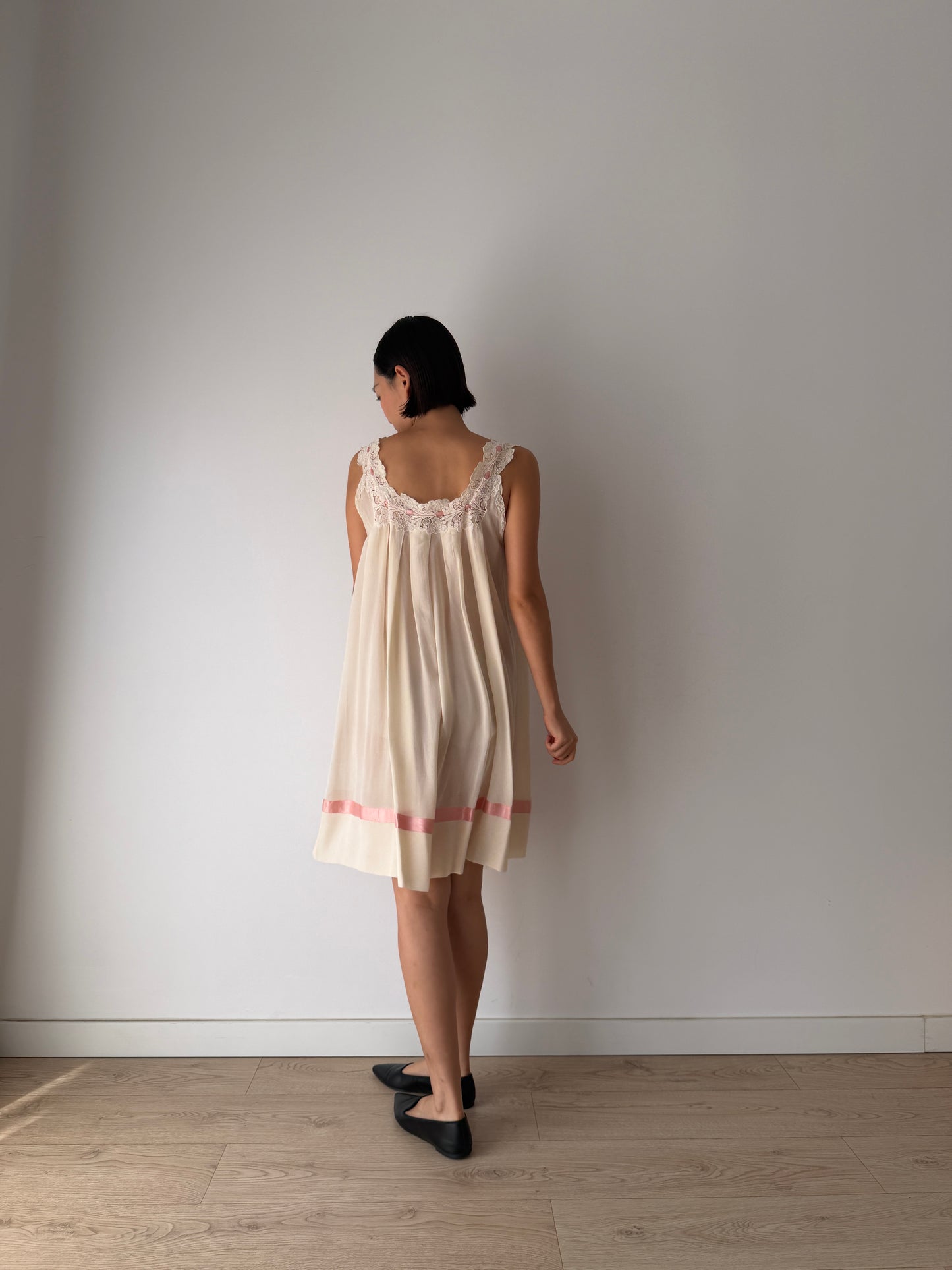 Vintage Romantic Silk Slip Dress With Bow Pink Ribbon | French Applique Lace, Bridal Lingerie