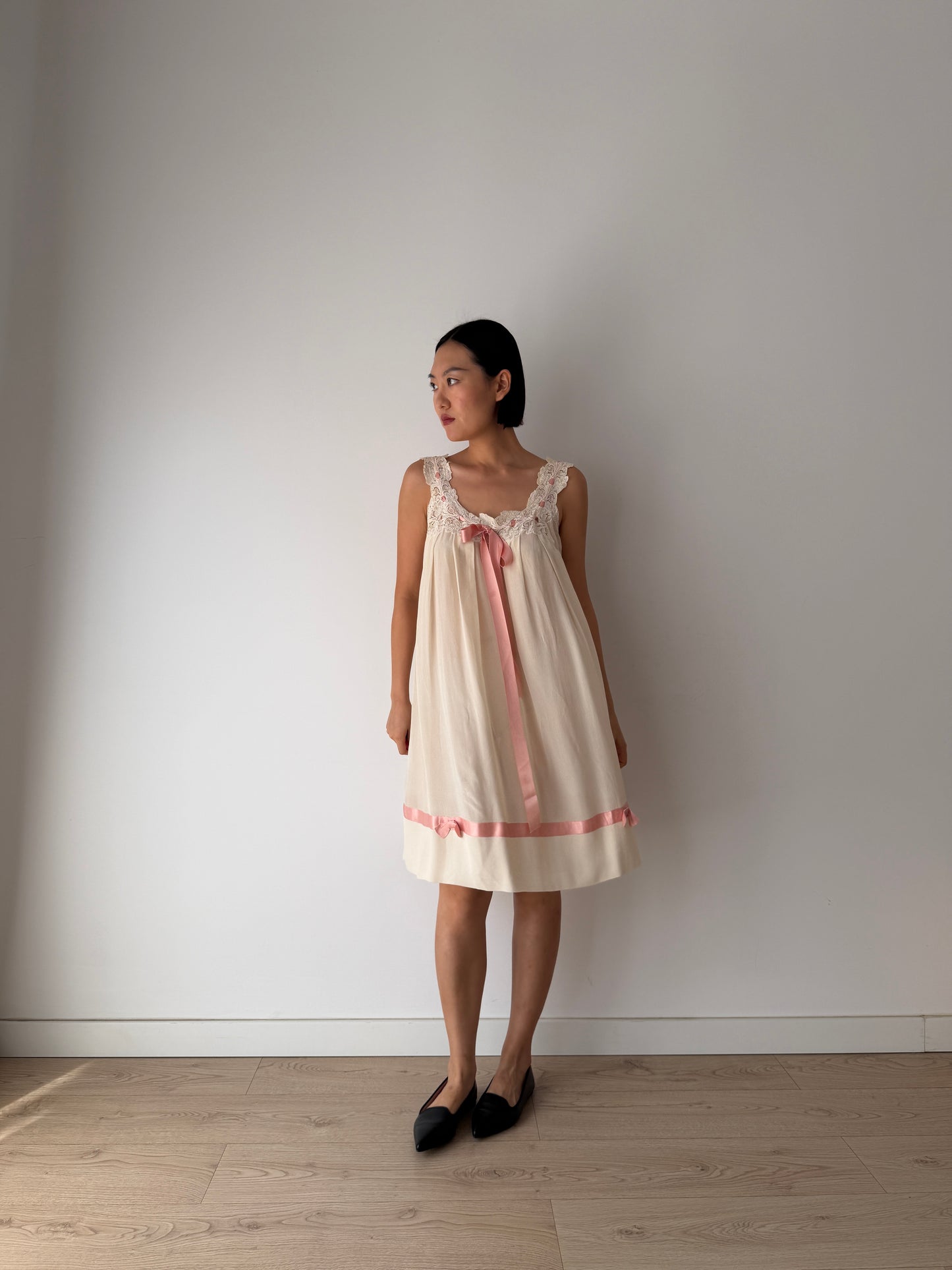 Vintage Romantic Silk Slip Dress With Bow Pink Ribbon | French Applique Lace, Bridal Lingerie