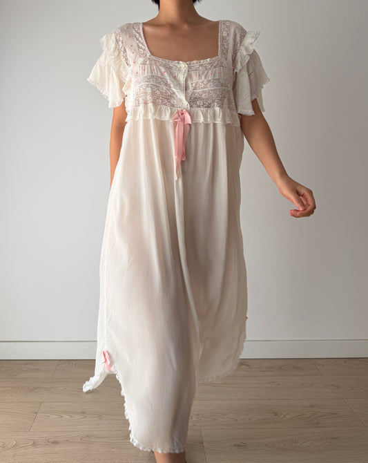 Vintage White Pure Silk Bow Ribbon Lace Lingerie Dress, French Floral Embroidered Romantic Peignoir Nightgown
