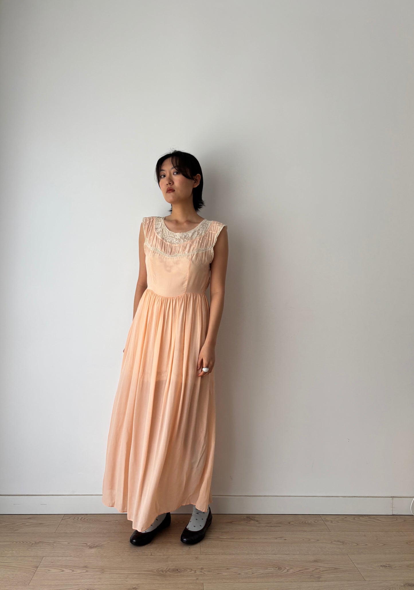 1930s Peach Silk Chiffon French Lace Nightgown