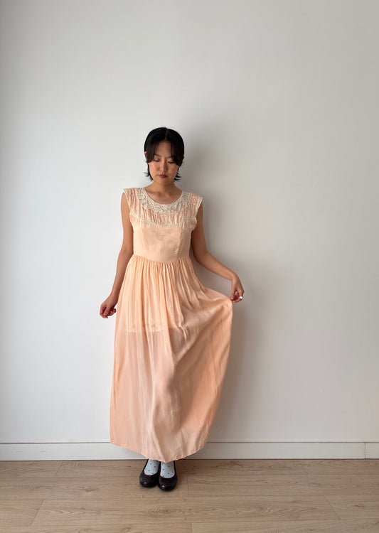 1930s Peach Silk Chiffon French Lace Nightgown