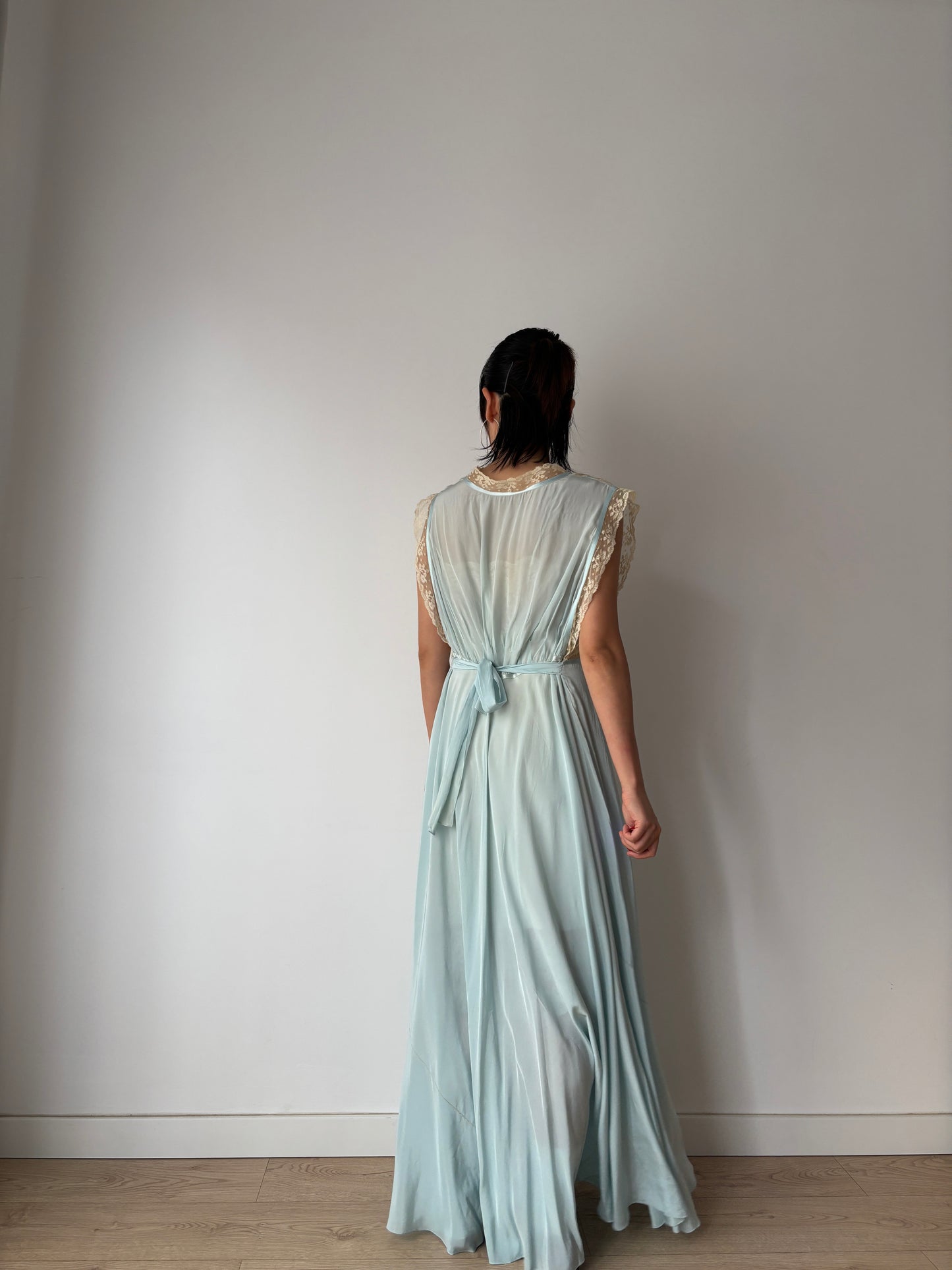 1930s Silk Dress: Antique Pastel Blue Lace Nightgown