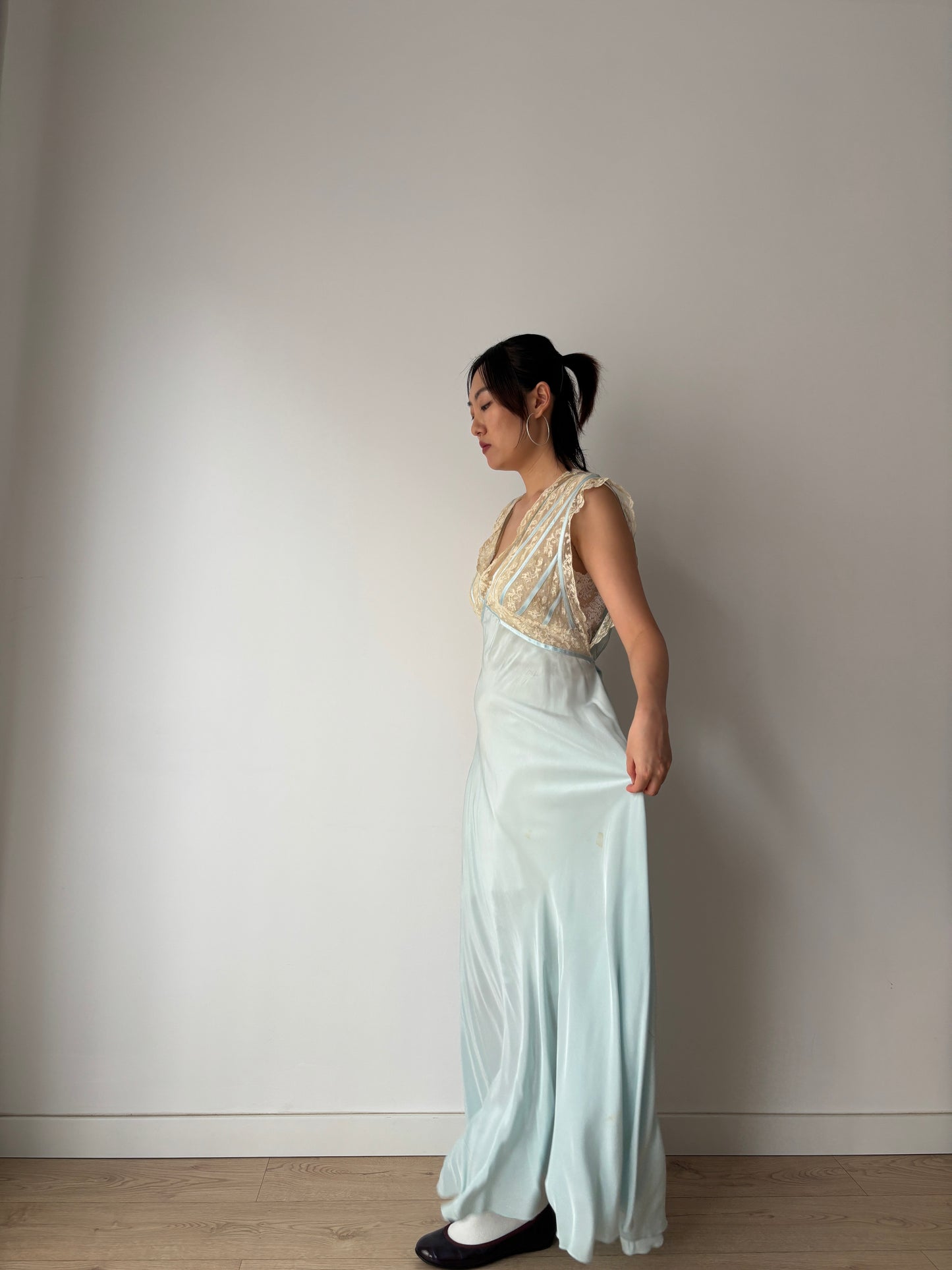 1930s Silk Dress: Antique Pastel Blue Lace Nightgown