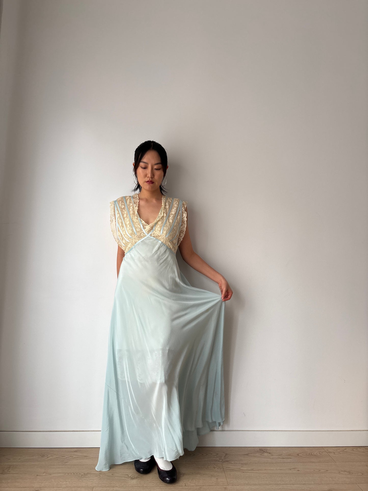 1930s Silk Dress: Antique Pastel Blue Lace Nightgown