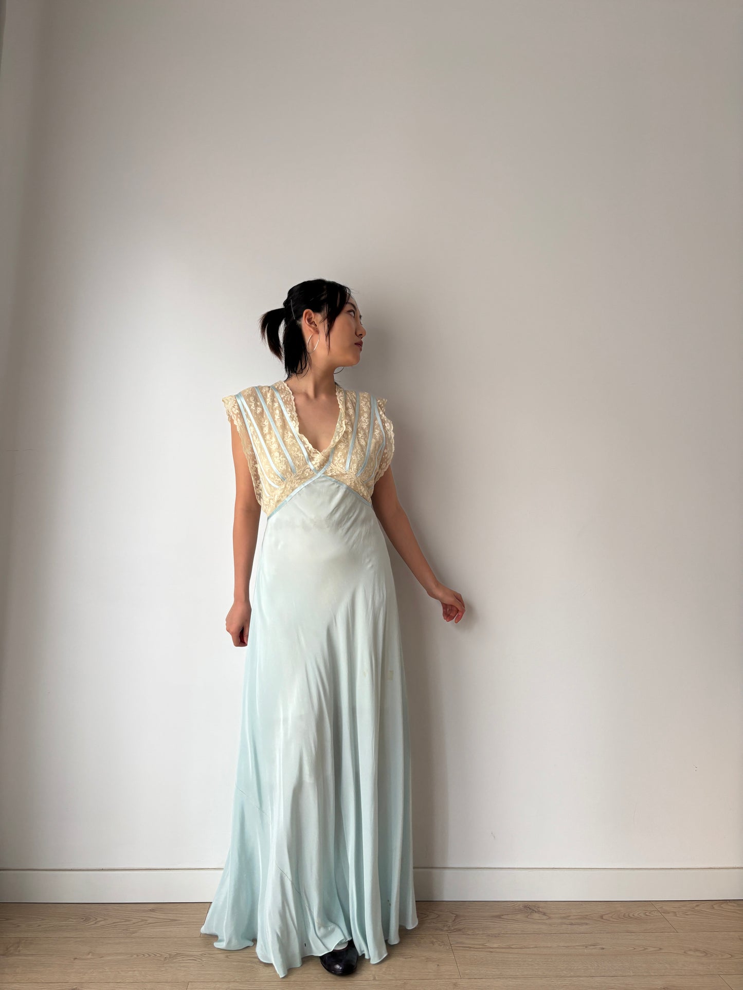 1930s Silk Dress: Antique Pastel Blue Lace Nightgown