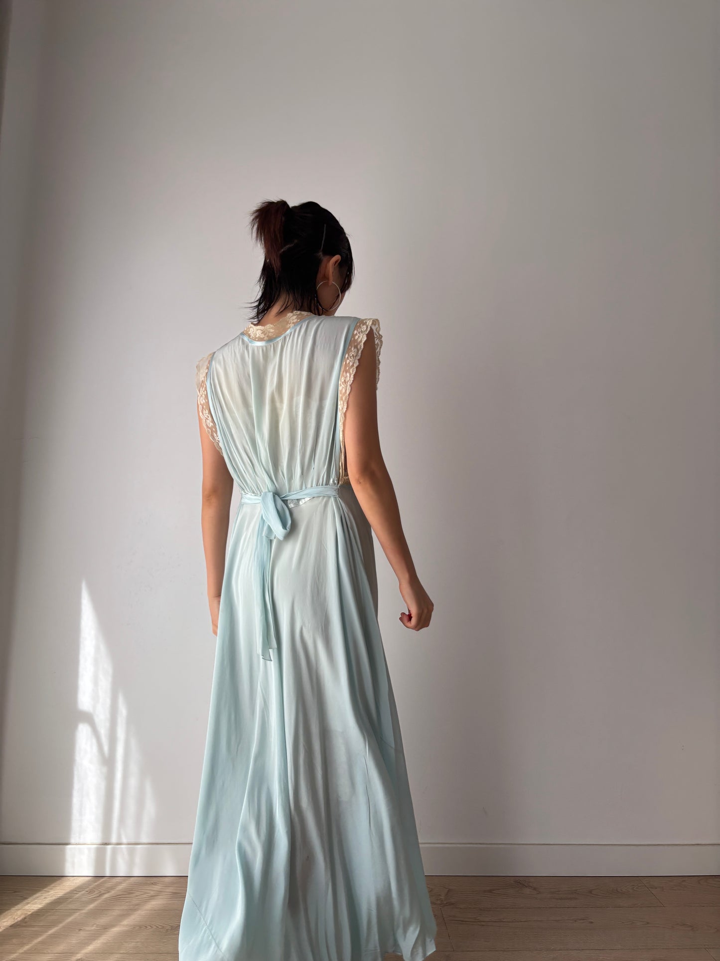 1930s Silk Dress: Antique Pastel Blue Lace Nightgown