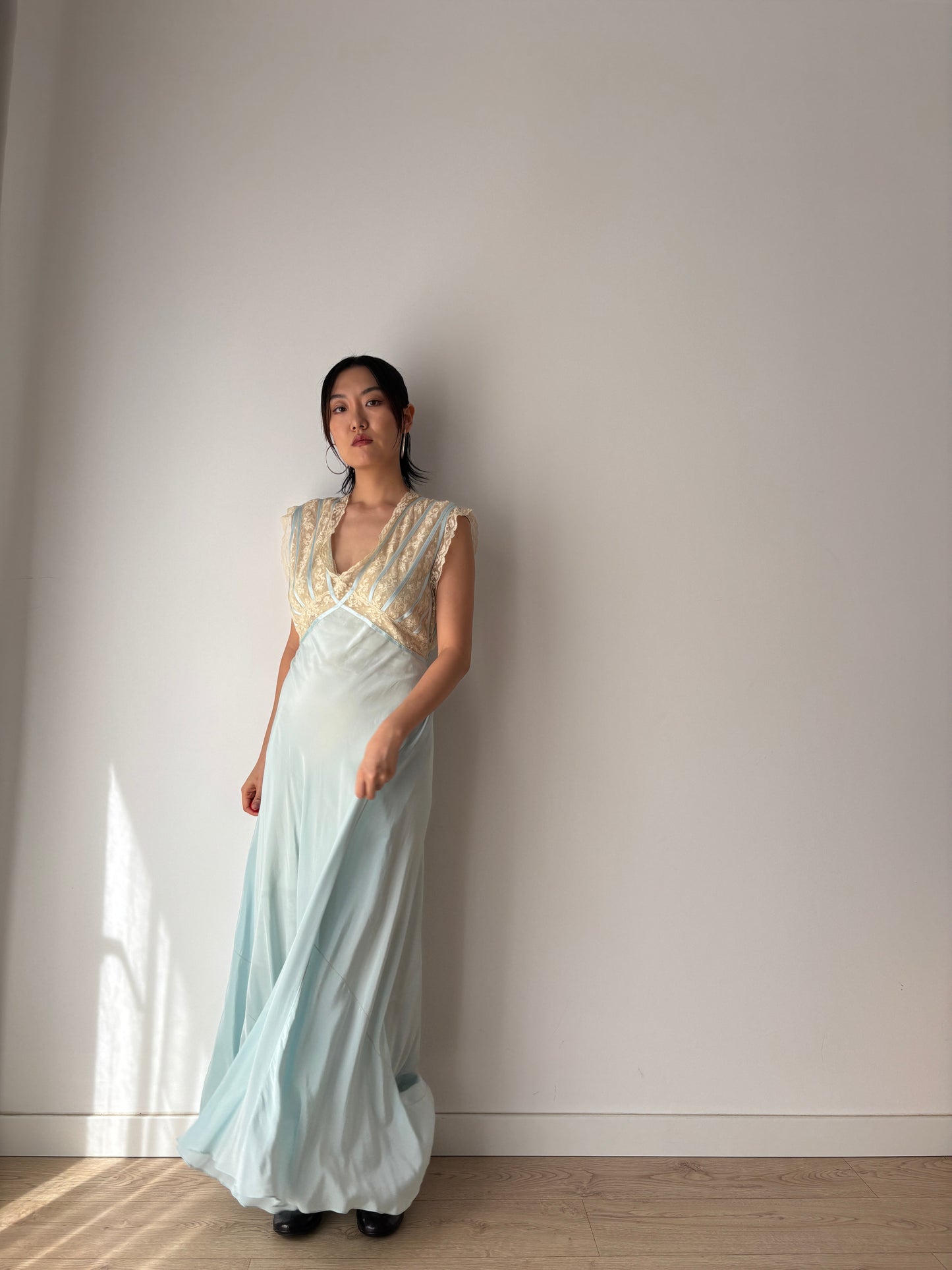 1930s Silk Dress: Antique Pastel Blue Lace Nightgown