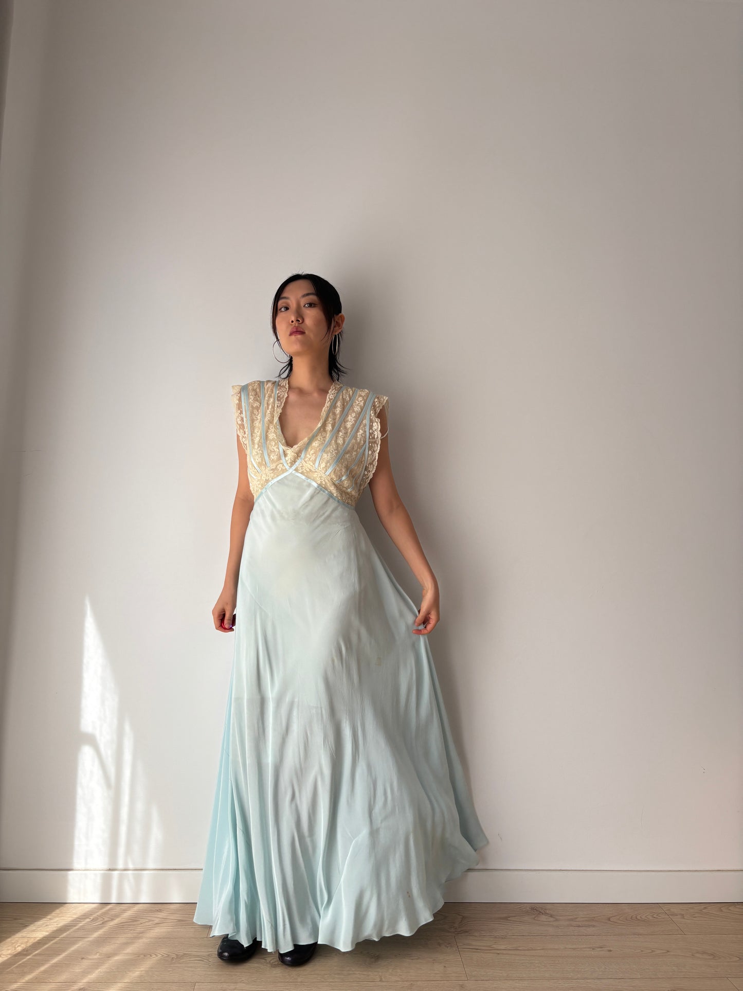 1930s Silk Dress: Antique Pastel Blue Lace Nightgown