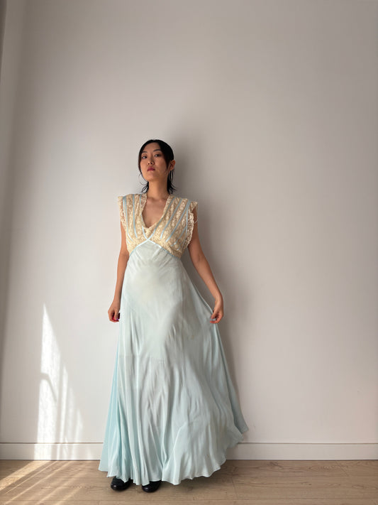 1930s Silk Dress: Antique Pastel Blue Lace Nightgown