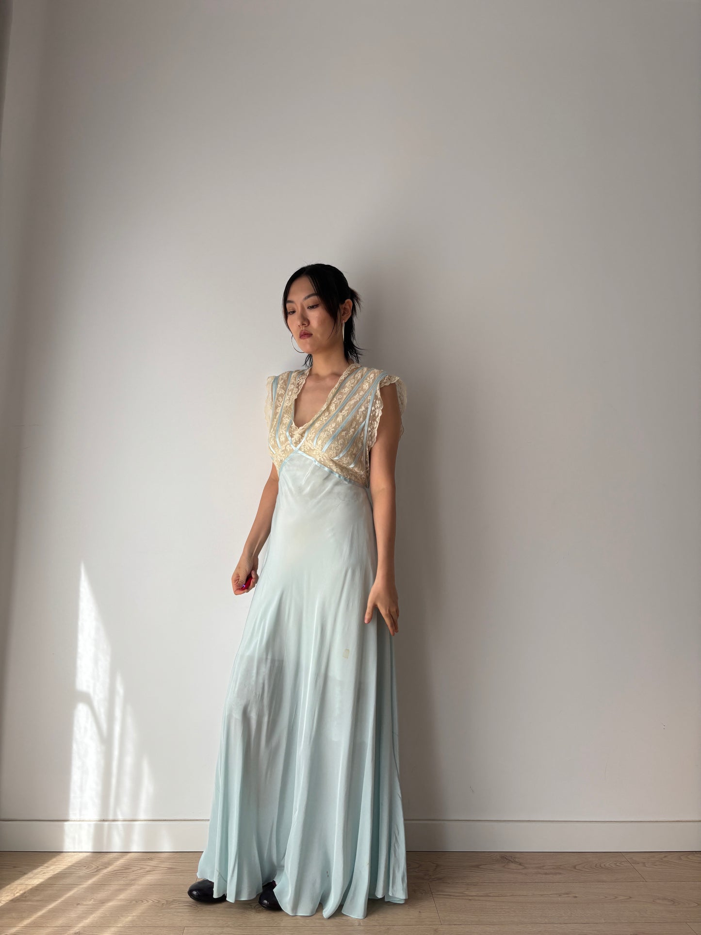 1930s Silk Dress: Antique Pastel Blue Lace Nightgown
