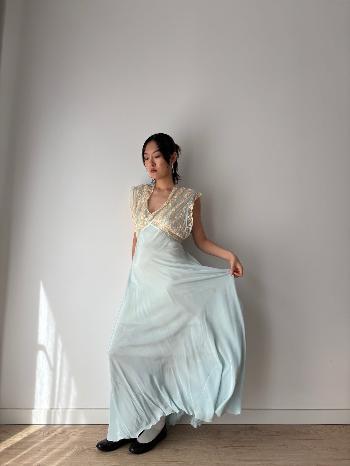 1930s Silk Dress: Antique Pastel Blue Lace Nightgown