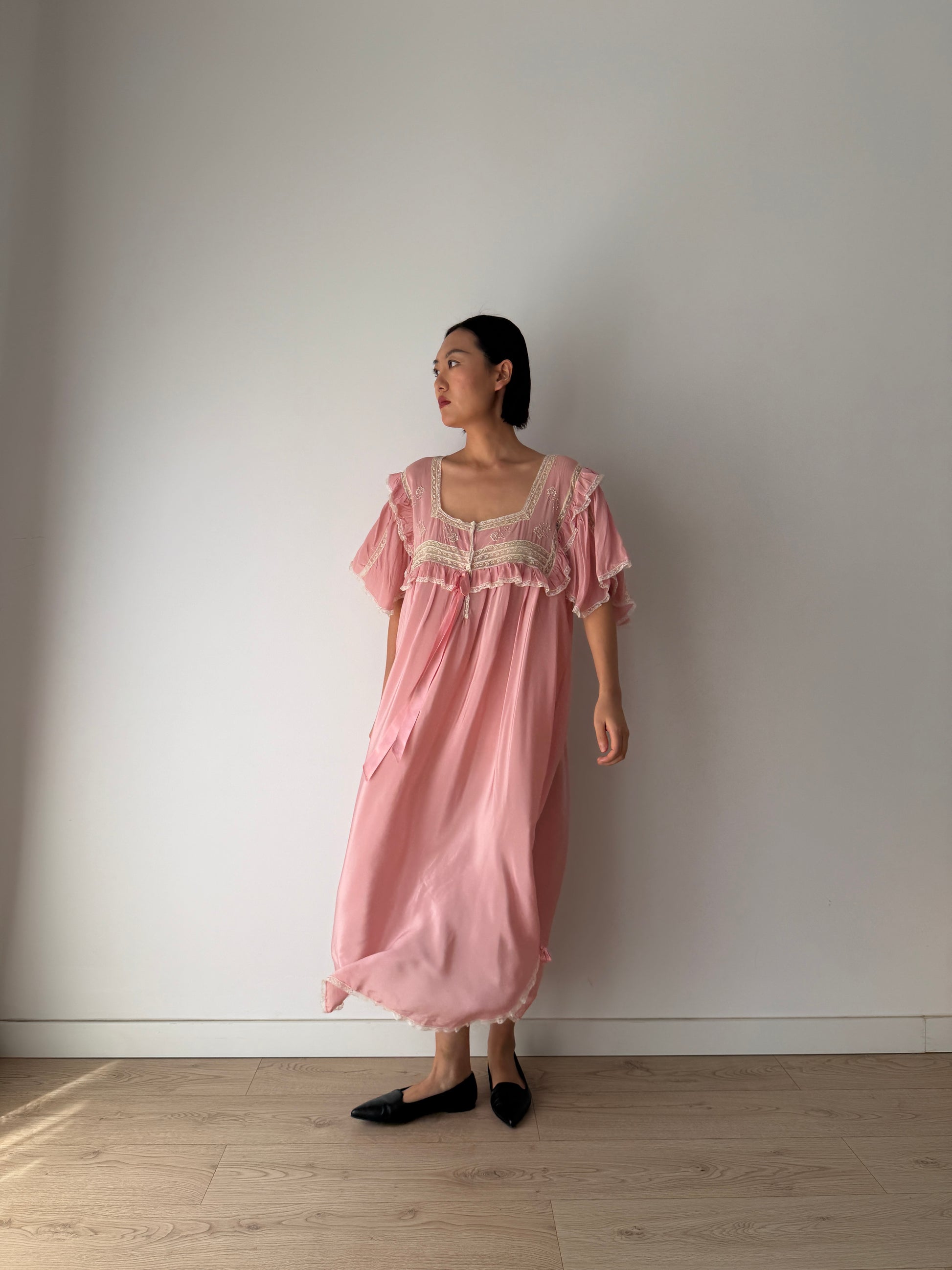 pink silk dress vintage Pure Bow Ribbon Lace Lingerie 75_final_sale Maxi Dress Women's Clothing short sleeves Bottom Size:40x30