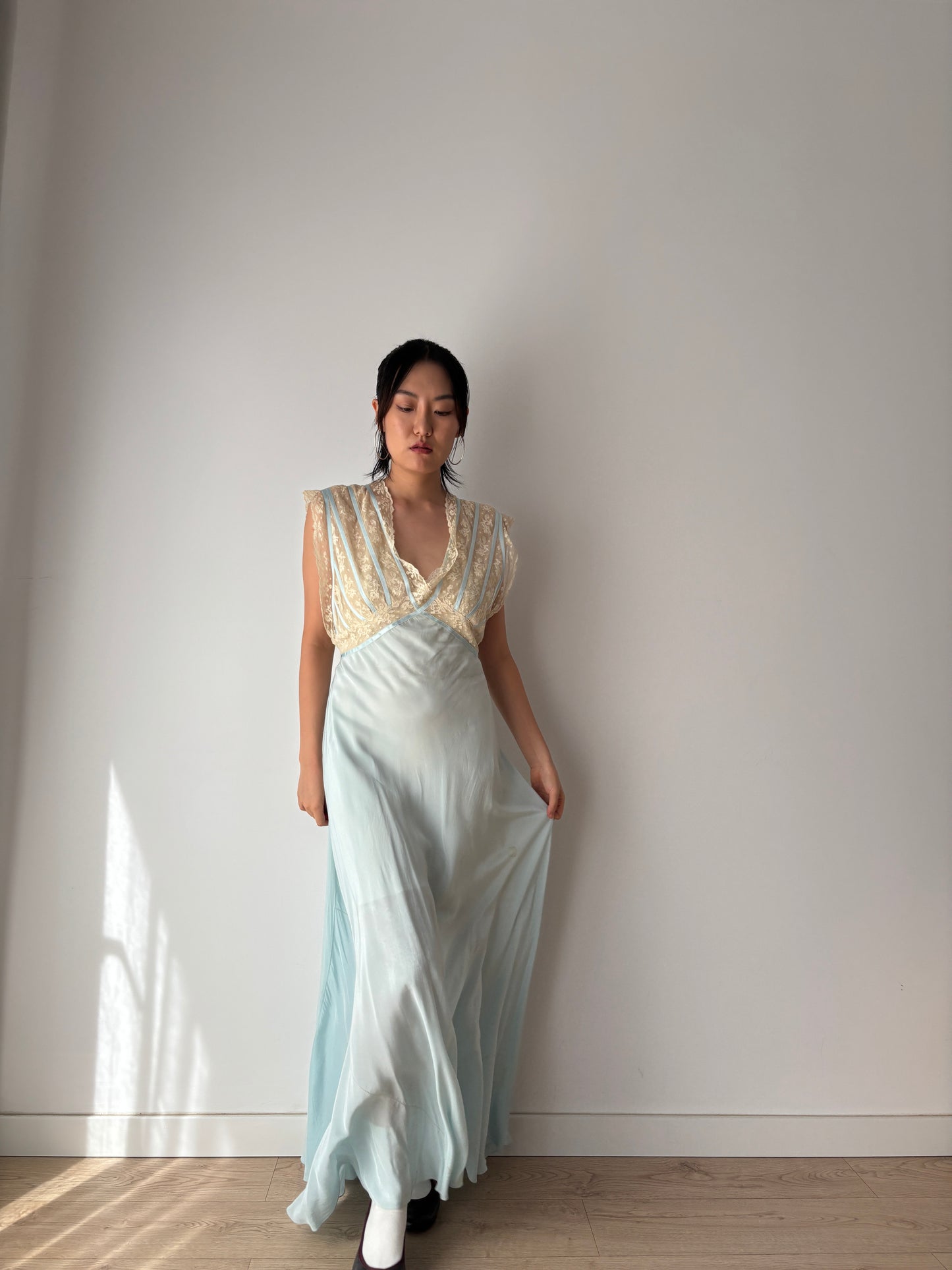 1930s Silk Dress: Antique Pastel Blue Lace Nightgown