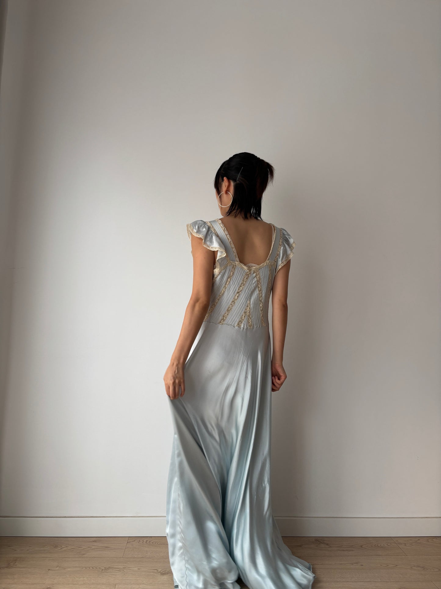 1930s Lace Silk Satin Dress, 1940s Antique Pastel Blue Lace Nightgown