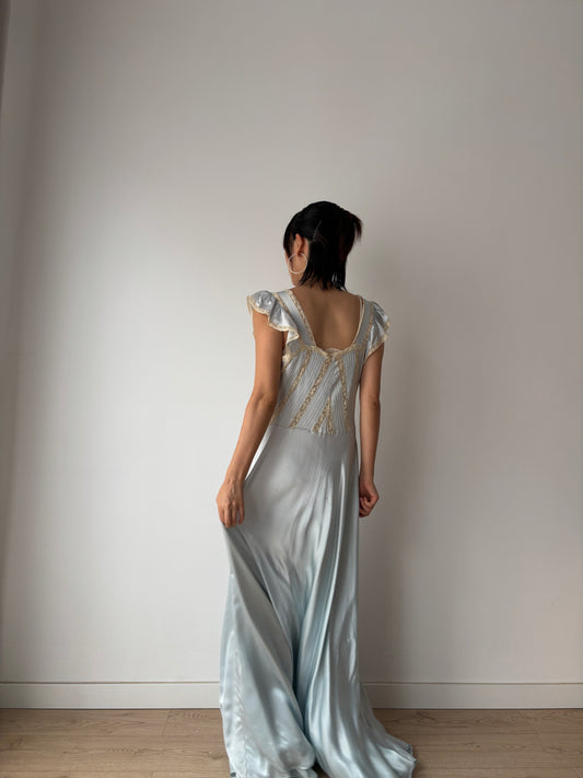 1930s Lace Silk Satin Dress, 1940s Antique Pastel Blue Lace Nightgown
