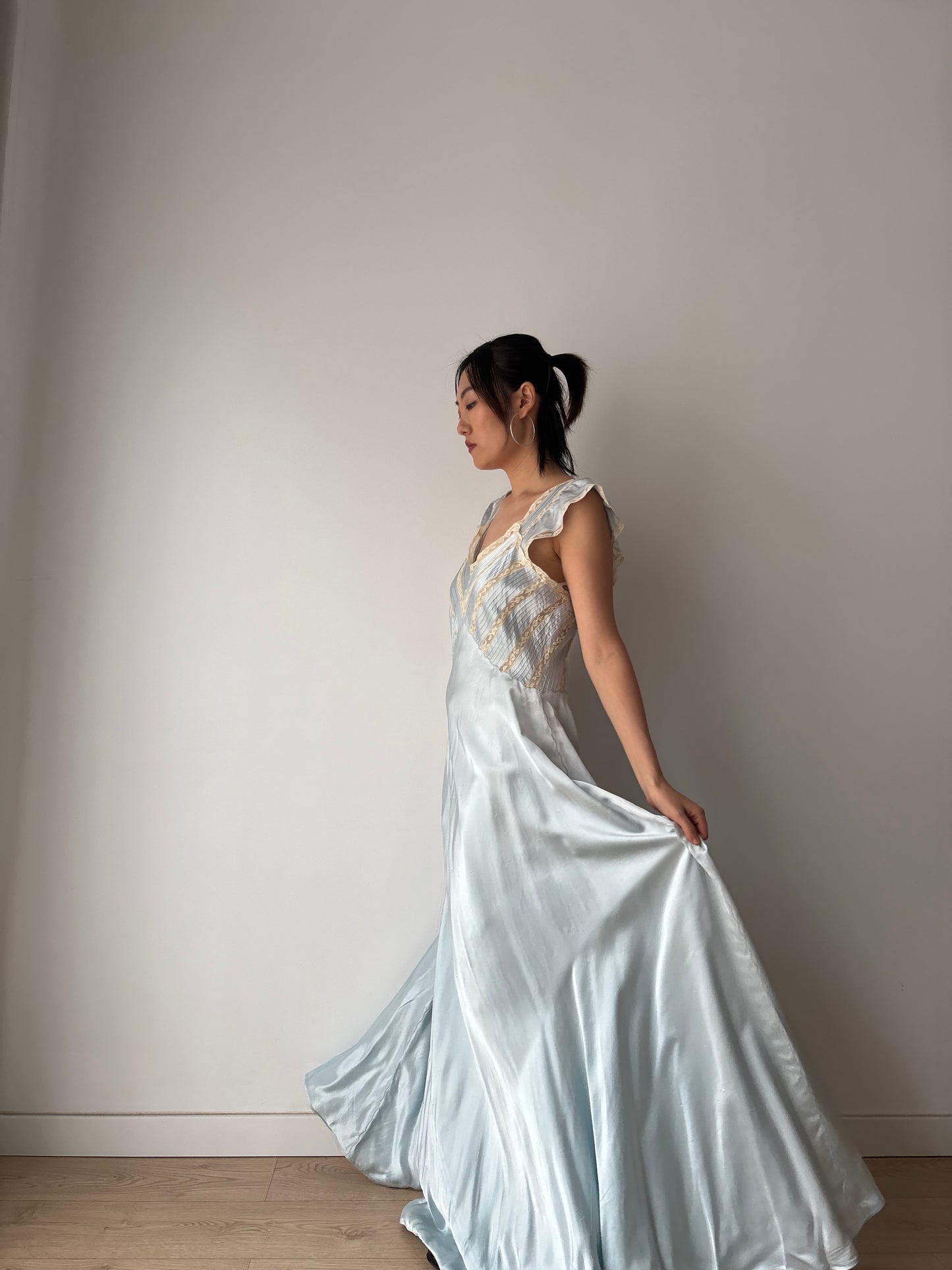 1930s Lace Silk Satin Dress, 1940s Antique Pastel Blue Lace Nightgown