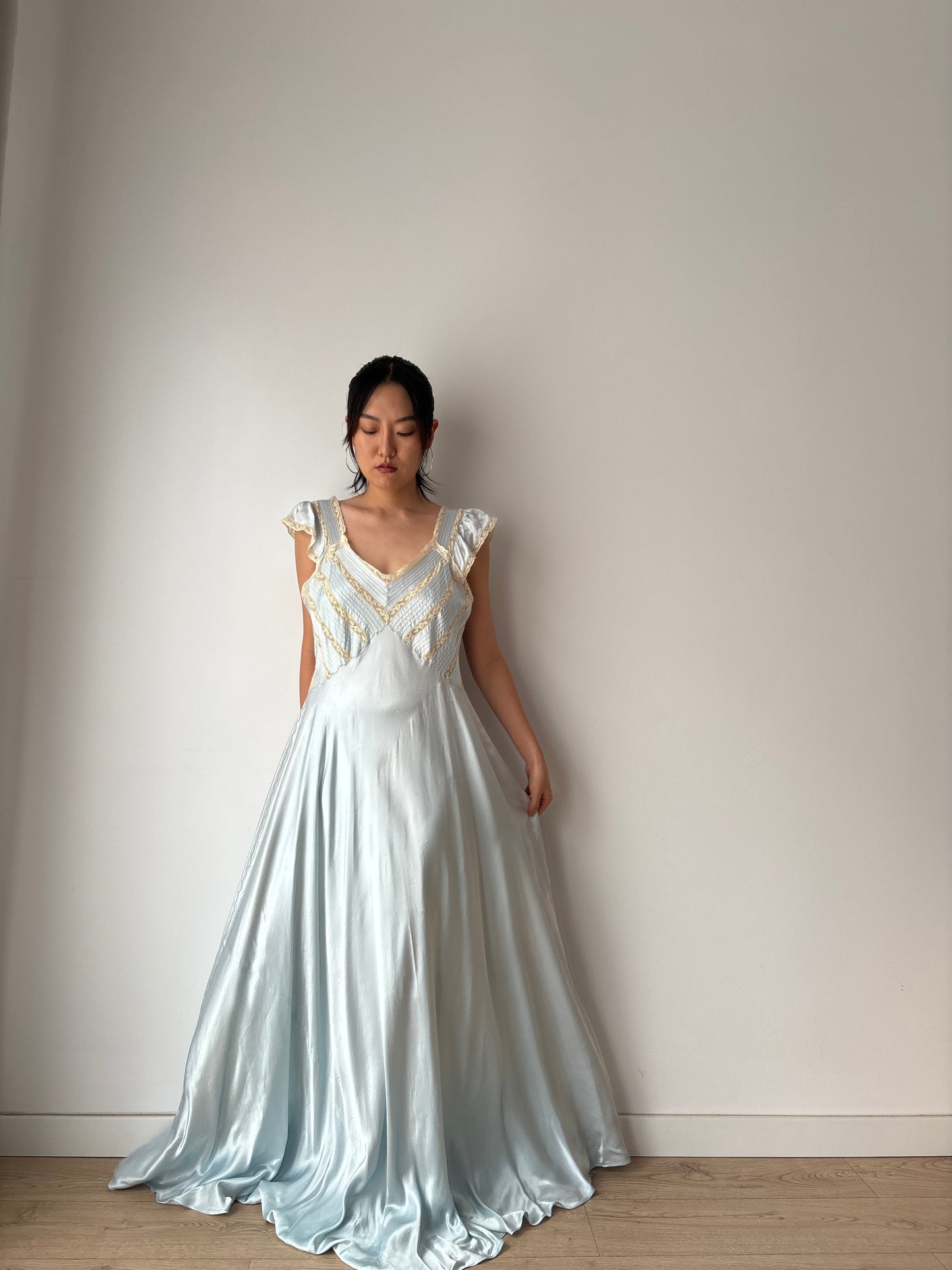 1930s Lace Silk Satin Dress, 1940s Antique Pastel Blue Lace Nightgown