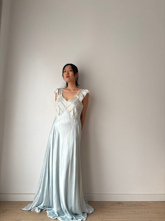 1930s Lace Silk Satin Dress, 1940s Antique Pastel Blue Lace Nightgown