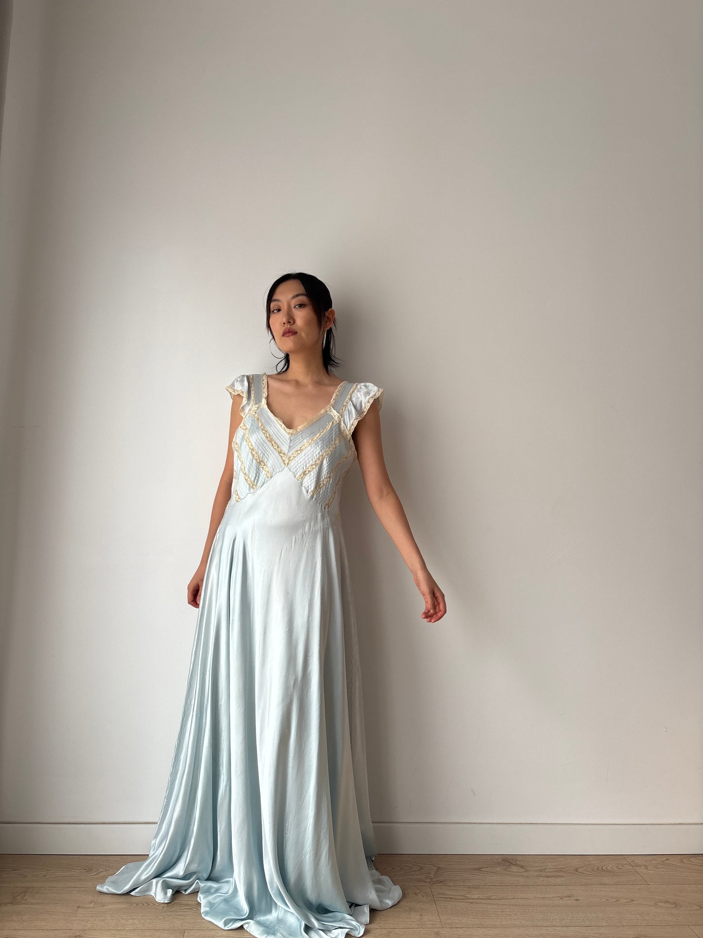 1930s Lace Silk Satin Dress, 1940s Antique Pastel Blue Lace Nightgown