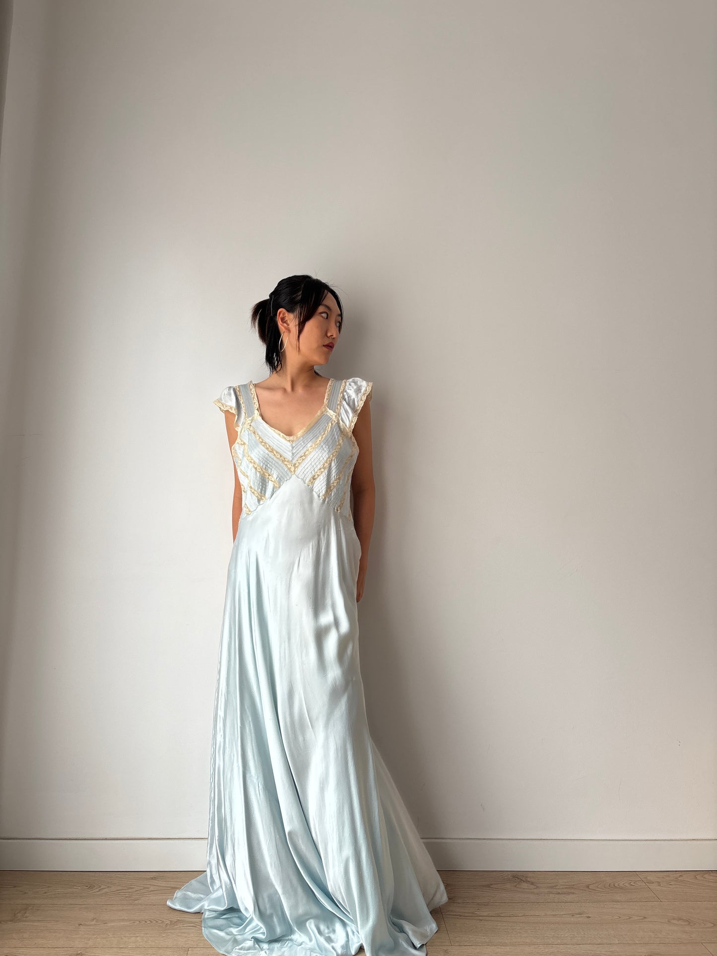 1930s Lace Silk Satin Dress, 1940s Antique Pastel Blue Lace Nightgown