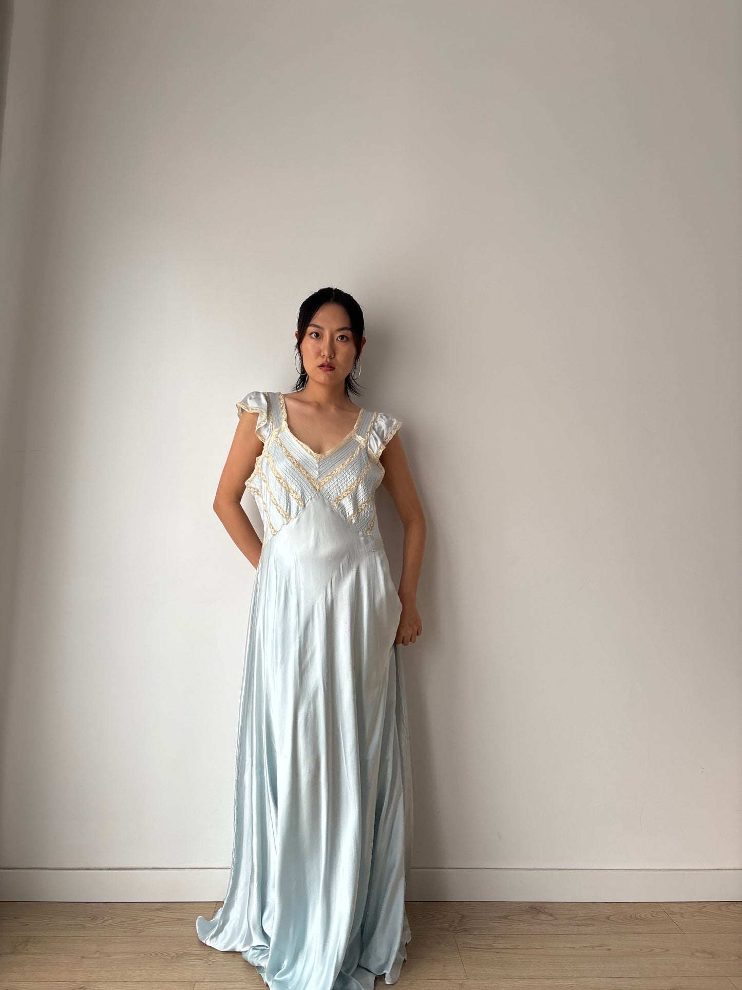 1930s Lace Silk Satin Dress, 1940s Antique Pastel Blue Lace Nightgown