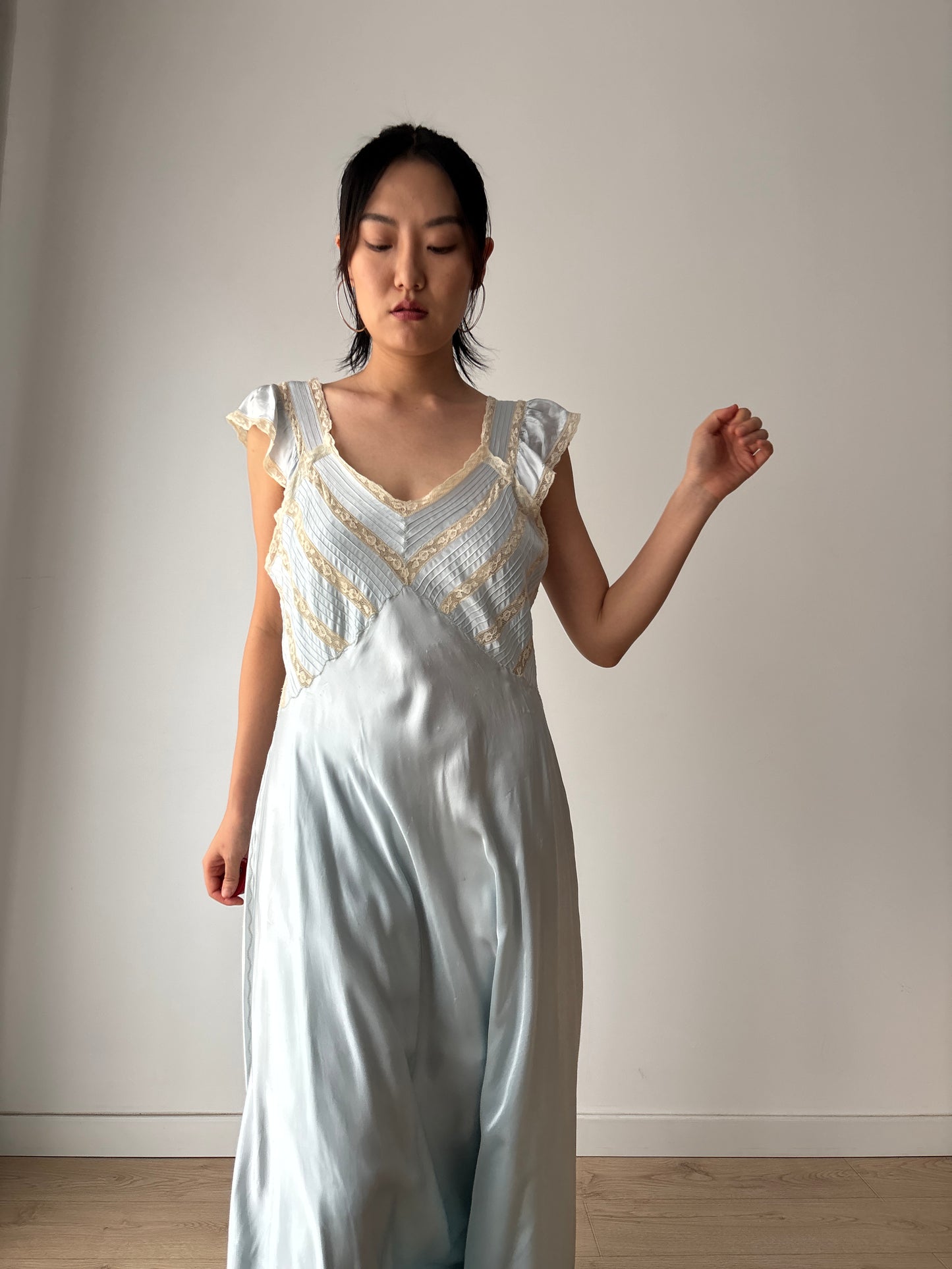 1930s Lace Silk Satin Dress, 1940s Antique Pastel Blue Lace Nightgown