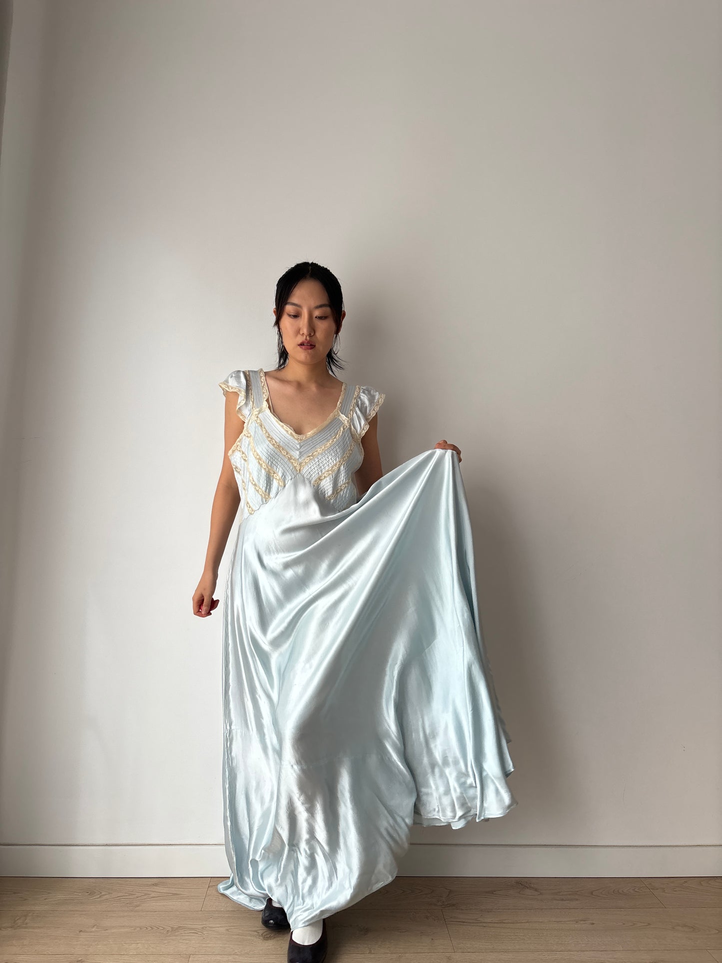 1930s Lace Silk Satin Dress, 1940s Antique Pastel Blue Lace Nightgown