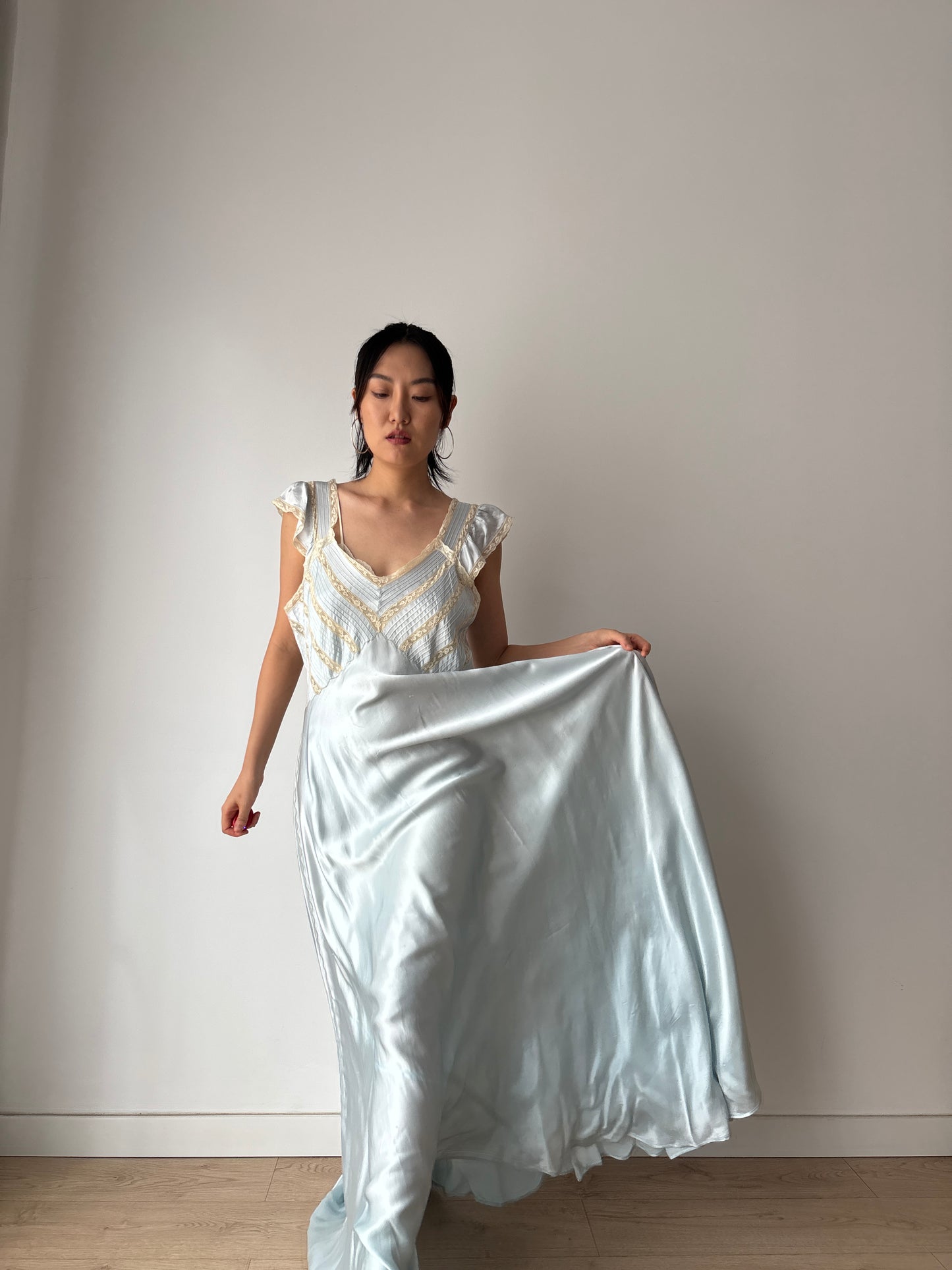 1930s Lace Silk Satin Dress, 1940s Antique Pastel Blue Lace Nightgown