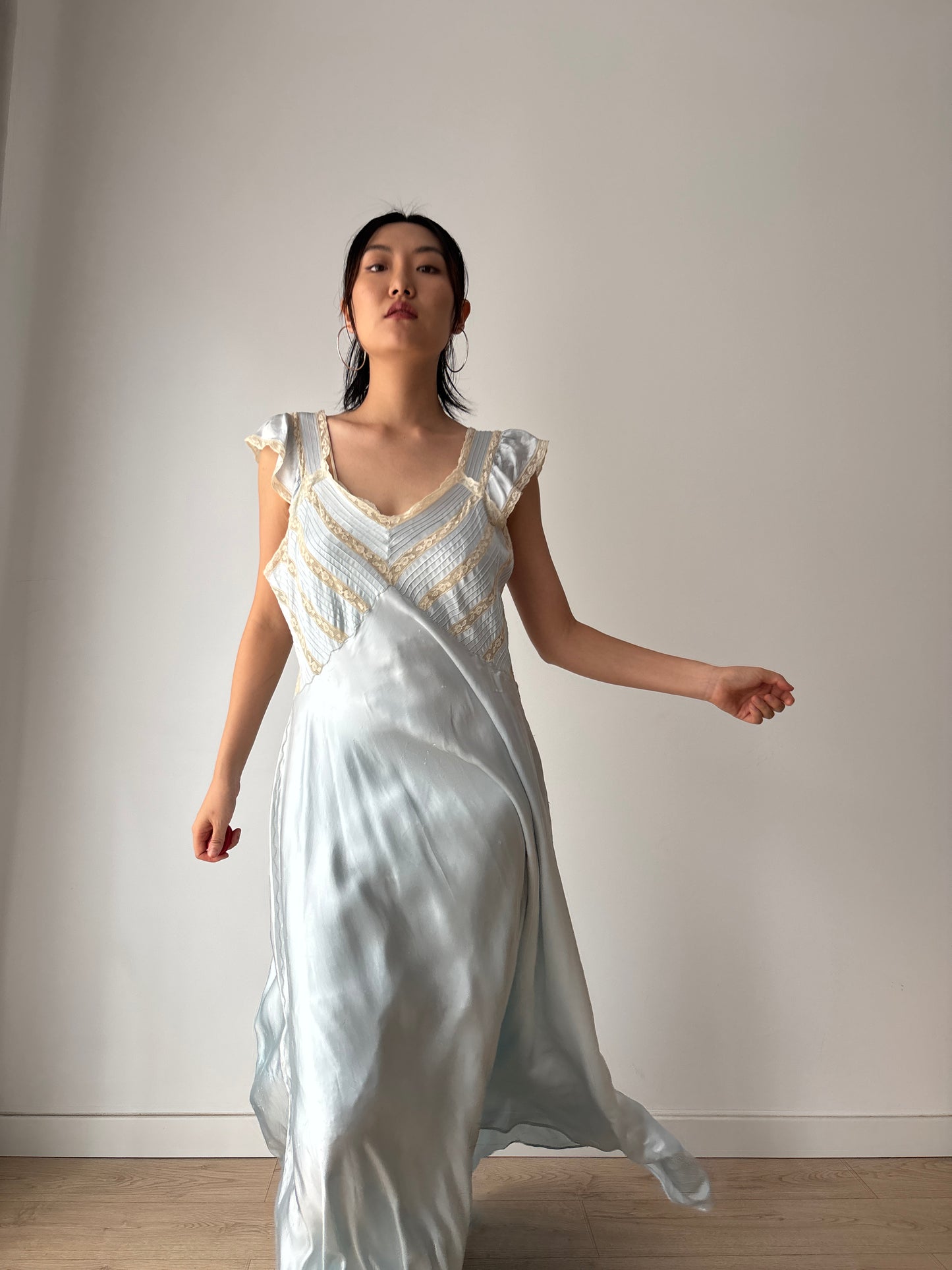 1930s Lace Silk Satin Dress, 1940s Antique Pastel Blue Lace Nightgown