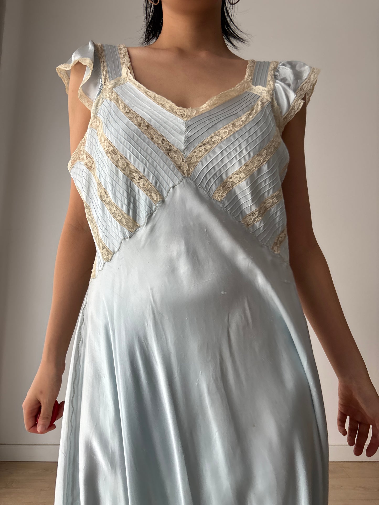 1930s Lace Silk Satin Dress, 1940s Antique Pastel Blue Lace Nightgown