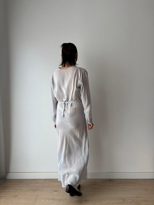 1930s Antique Blue Bias Cut Negligee Embroidery Nightgown