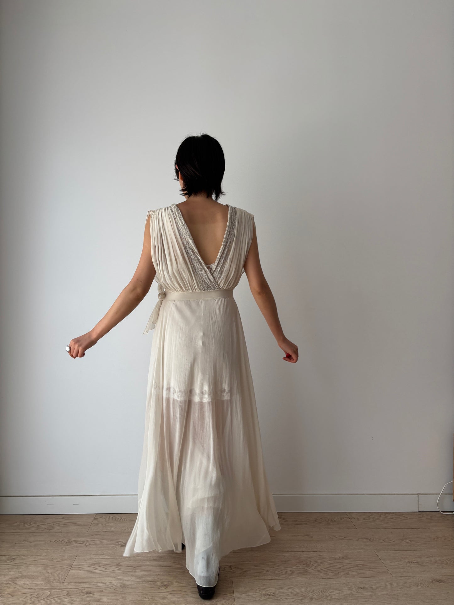 1930s White Silk Chiffon French Lace Bridal Dress, Bias Cut Romantic Slip Gown, Old Hollywood Lingerie