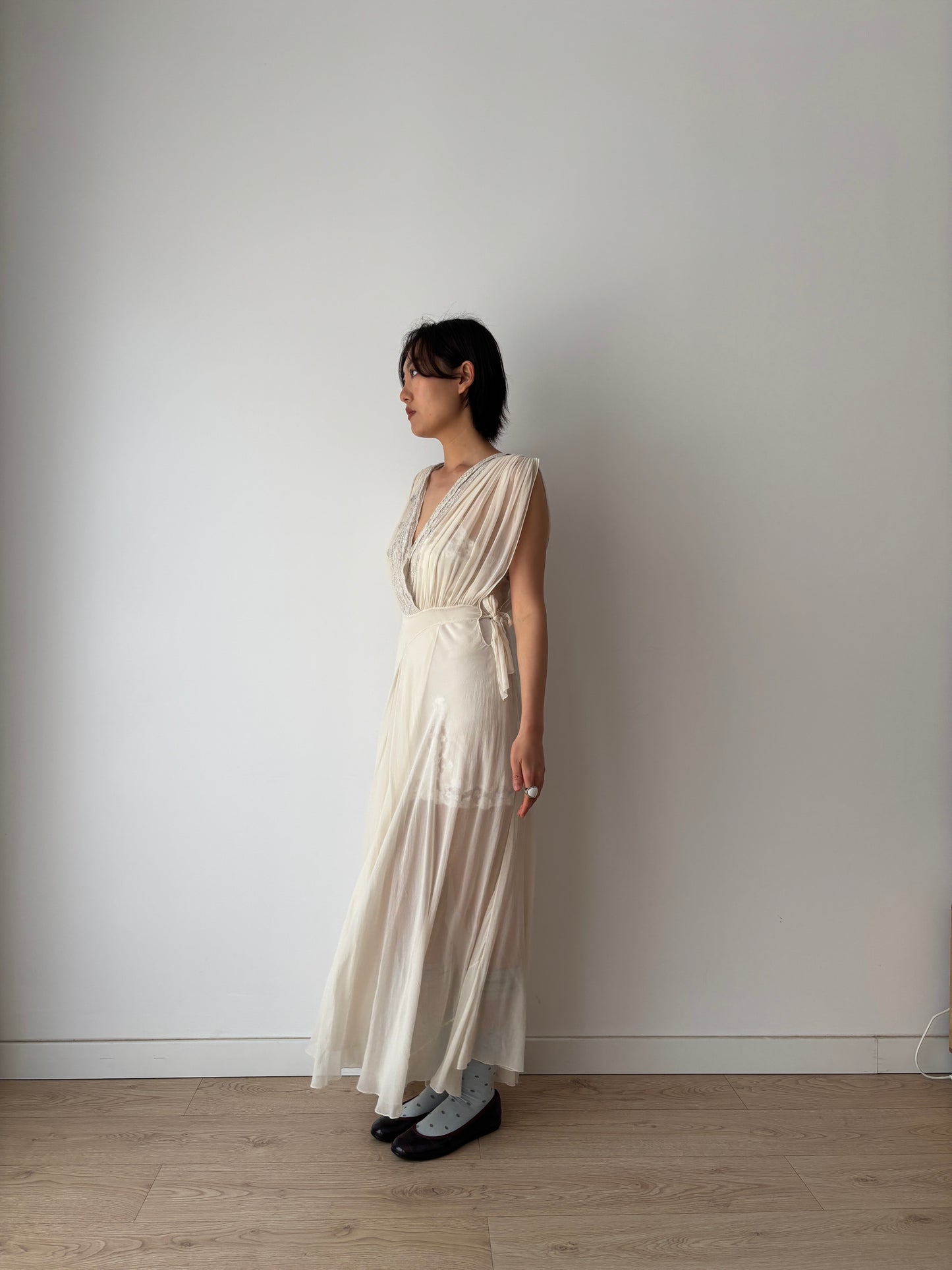 1930s White Silk Chiffon French Lace Bridal Dress, Bias Cut Romantic Slip Gown, Old Hollywood Lingerie