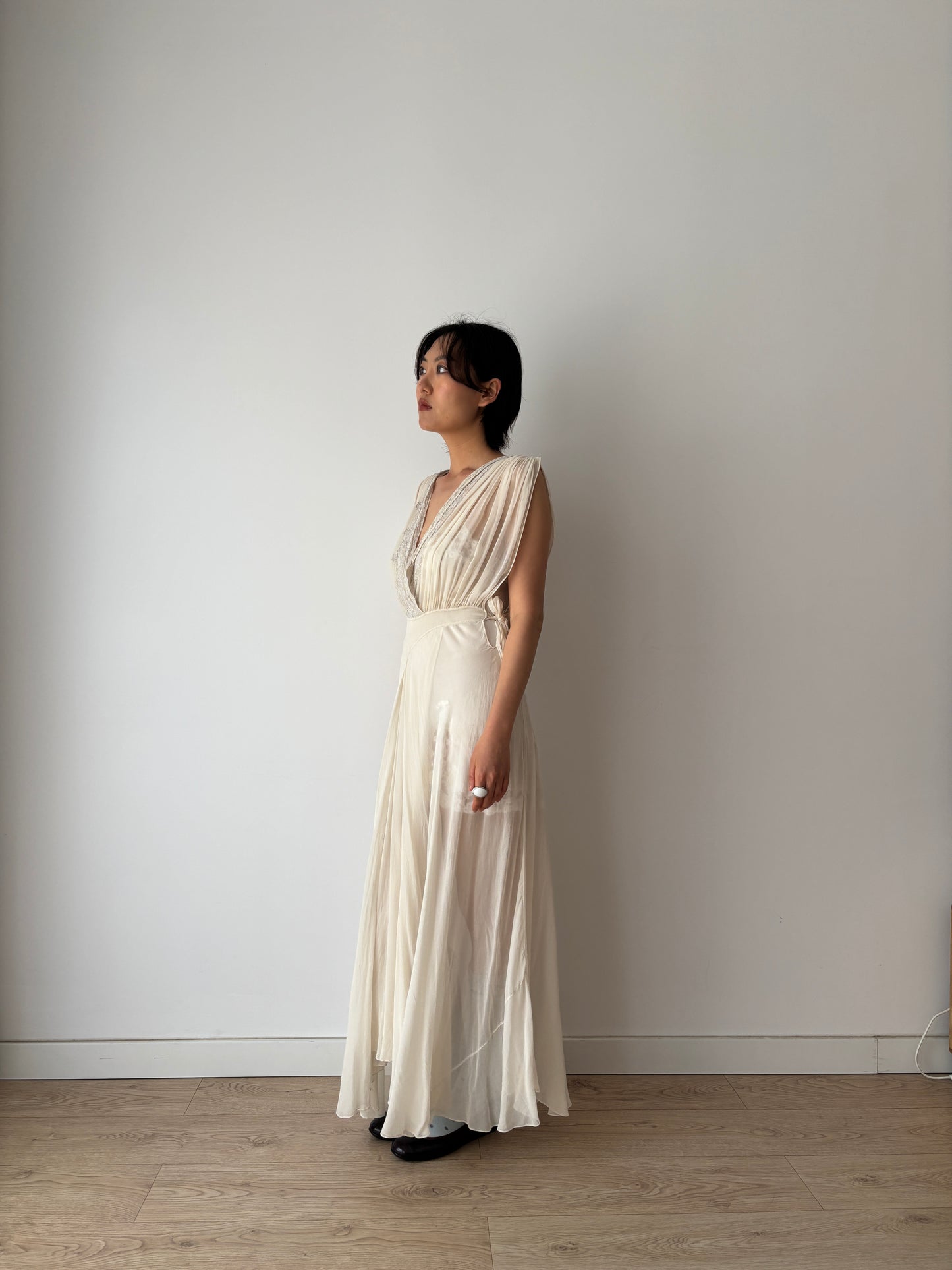 1930s White Silk Chiffon French Lace Bridal Dress, Bias Cut Romantic Slip Gown, Old Hollywood Lingerie
