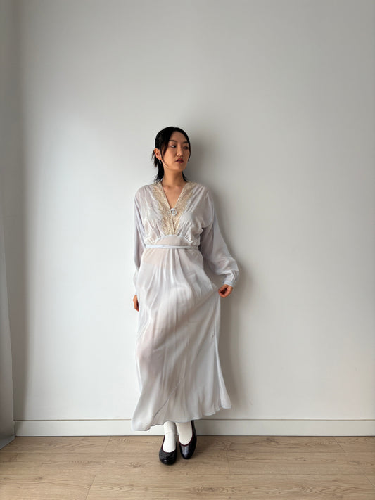 1930s Antique Blue Bias Cut Negligee Embroidery Nightgown