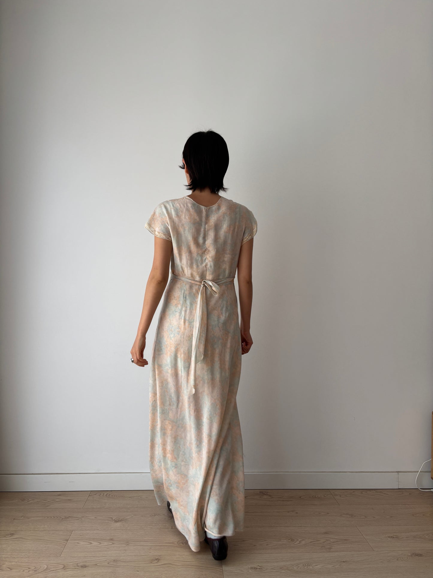Rare 1930s Pink blue floral print silk romantic dress, parisian nightgown bridal slip dress, bias cut dress