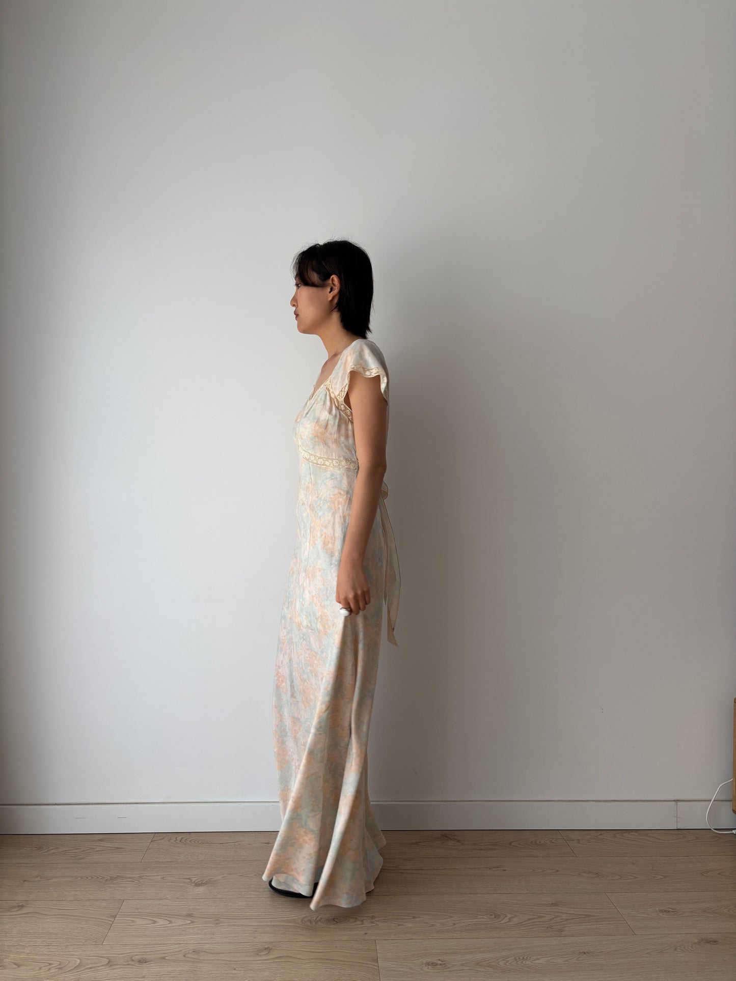 Rare 1930s Pink blue floral print silk romantic dress, parisian nightgown bridal slip dress, bias cut dress