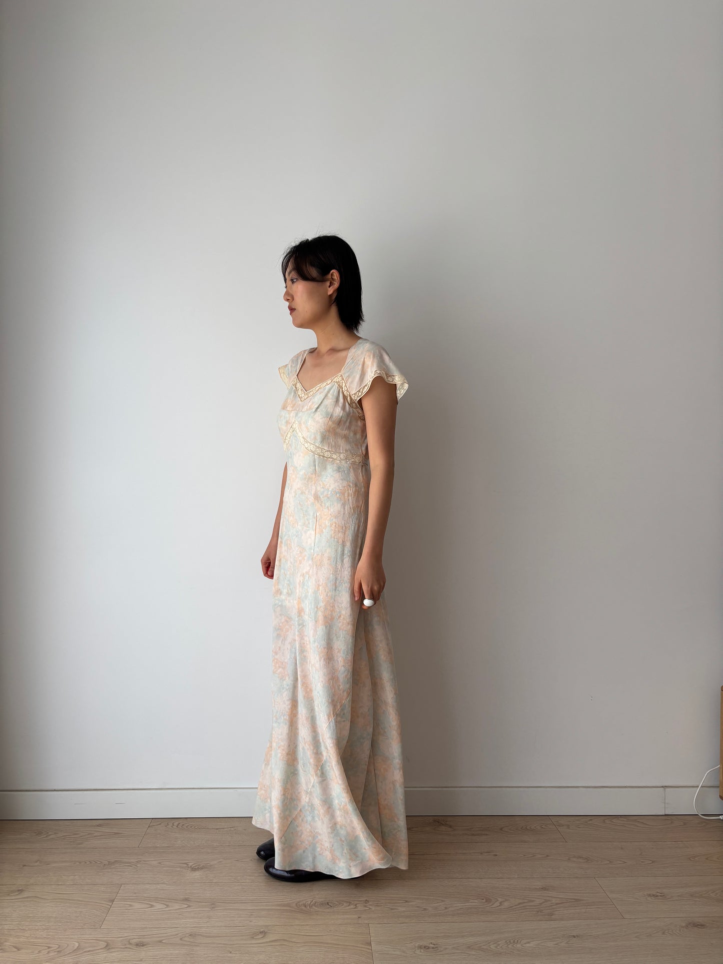 Rare 1930s Pink blue floral print silk romantic dress, parisian nightgown bridal slip dress, bias cut dress