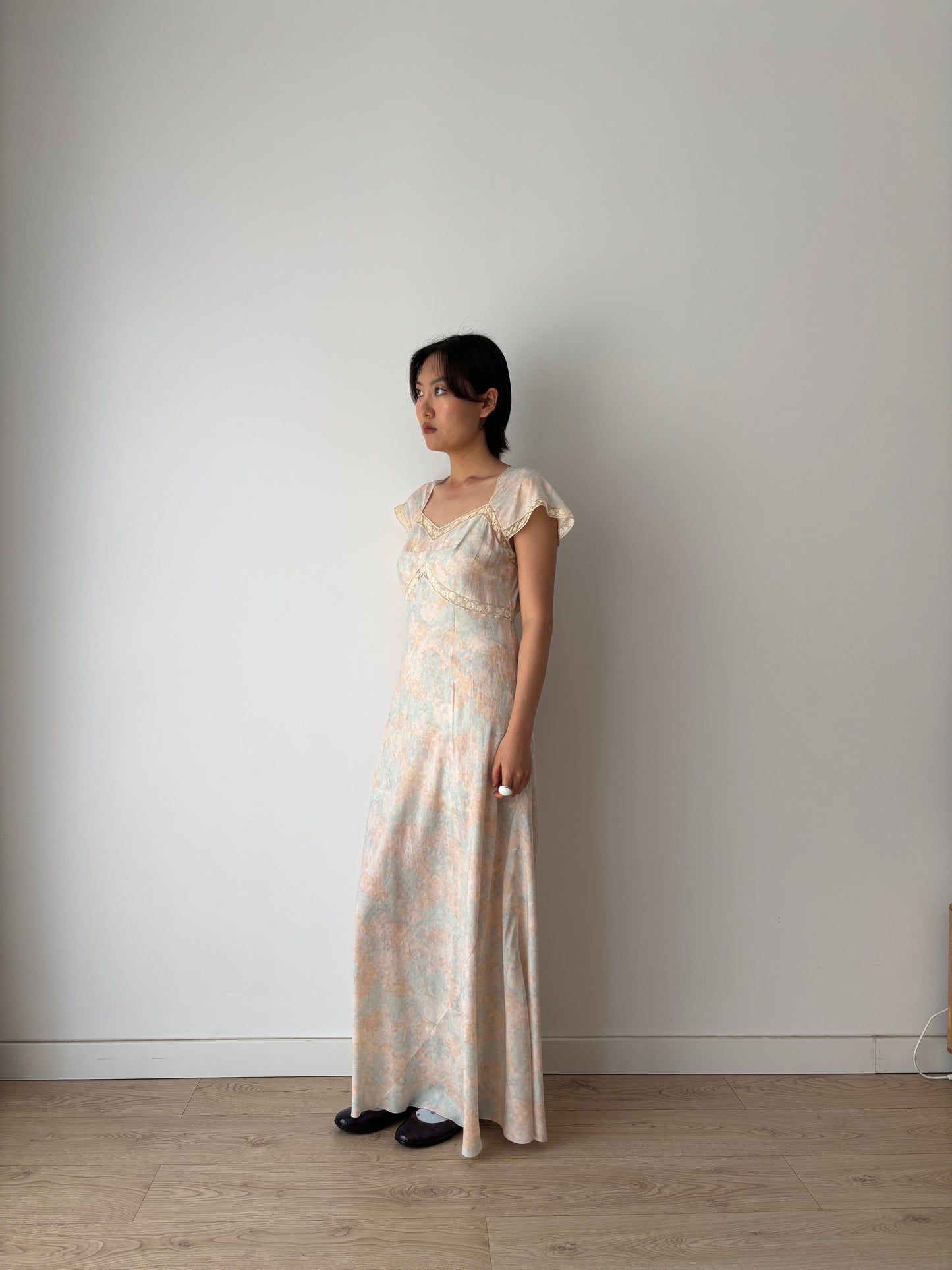 Rare 1930s Pink blue floral print silk romantic dress, parisian nightgown bridal slip dress, bias cut dress