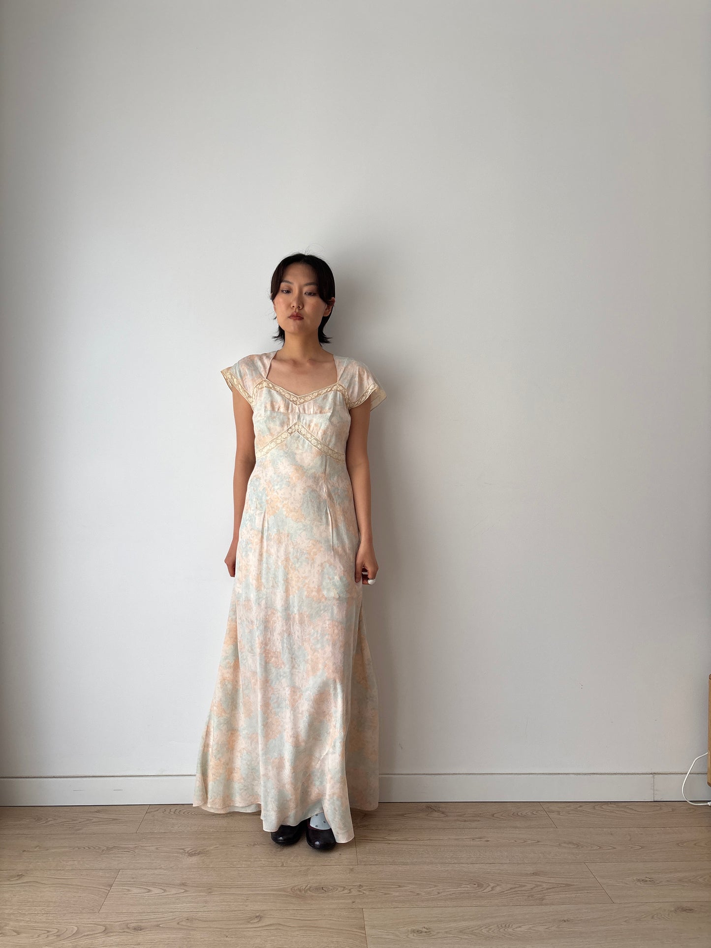 Rare 1930s Pink blue floral print silk romantic dress, parisian nightgown bridal slip dress, bias cut dress
