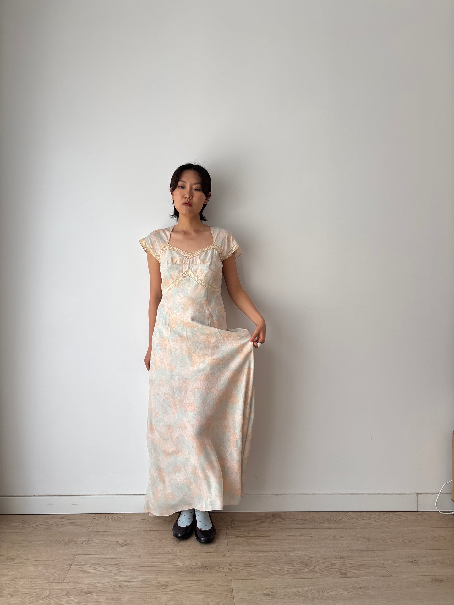 Rare 1930s Pink blue floral print silk romantic dress, parisian nightgown bridal slip dress, bias cut dress