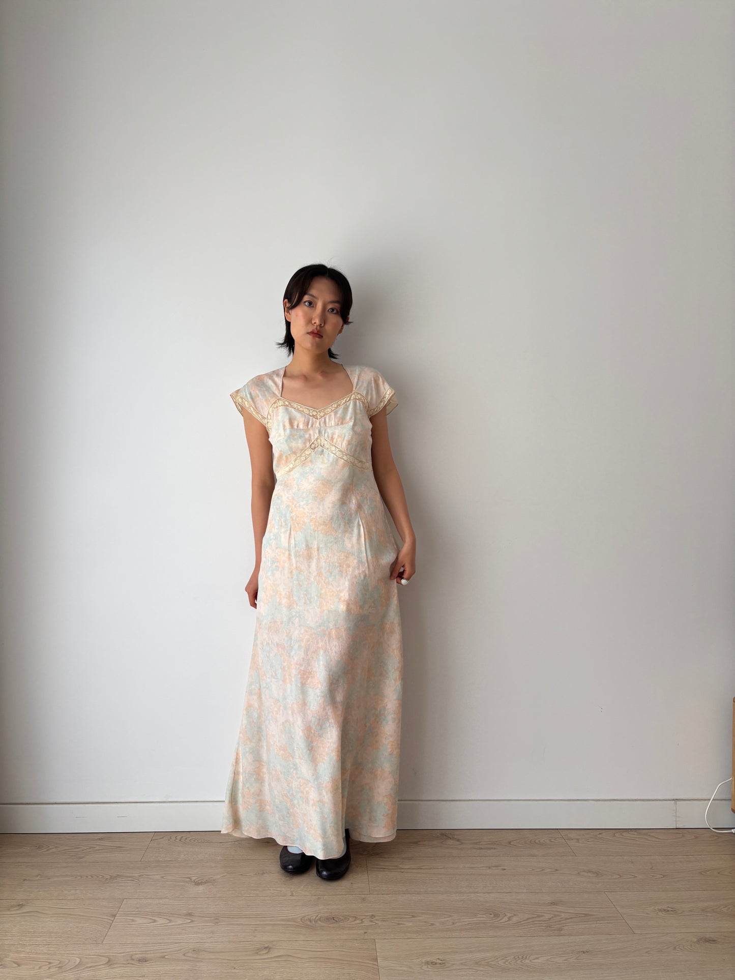 Rare 1930s Pink blue floral print silk romantic dress, parisian nightgown bridal slip dress, bias cut dress