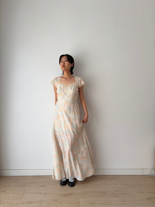 Rare 1930s Pink blue floral print silk romantic dress, parisian nightgown bridal slip dress, bias cut dress